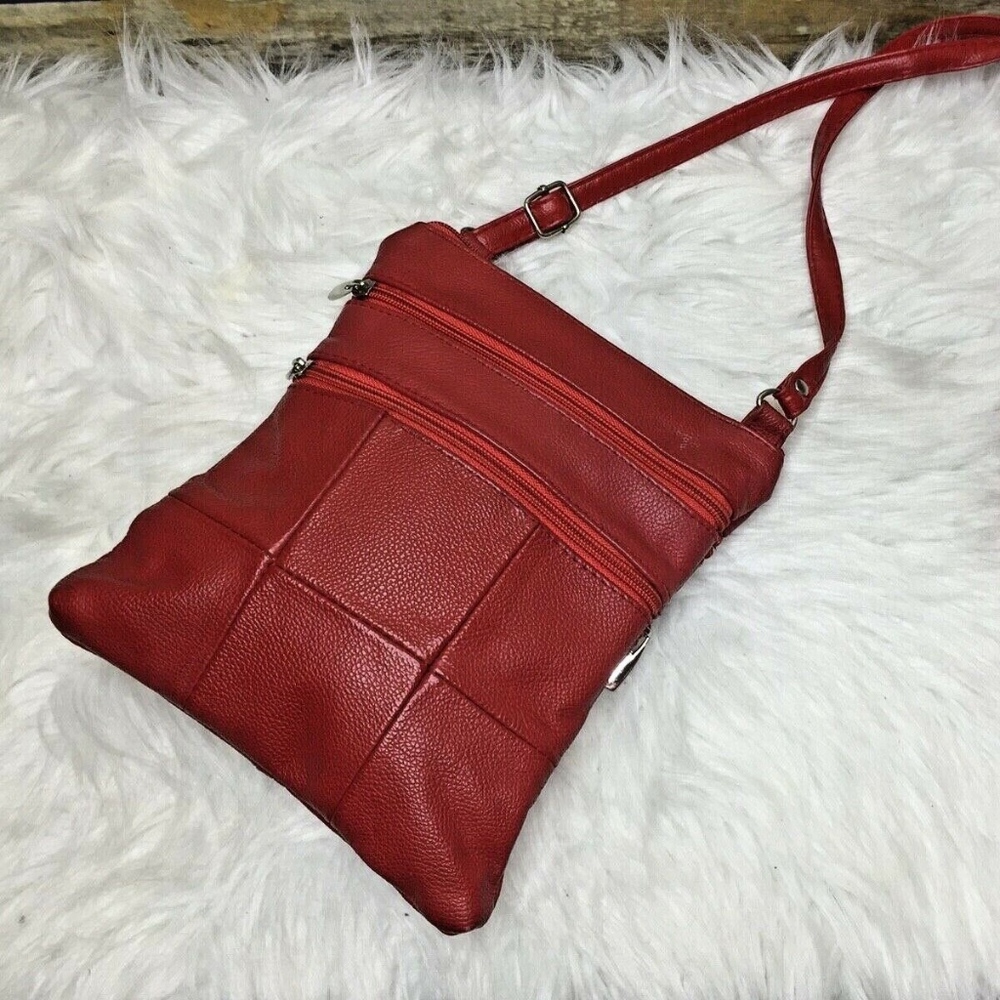 Red Pebbled Leather Patchwork Style Crossbody - image 5